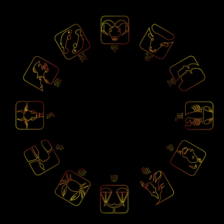 color line zodiac icons on dark backgroundのイラスト素材