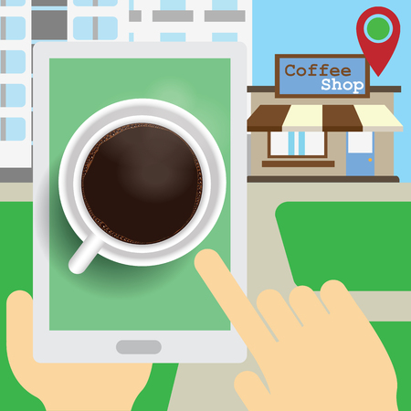 hands Browsing The applications on the tablet. To find a coffee shop, the indicator points to the coffee shop on the front.のイラスト素材