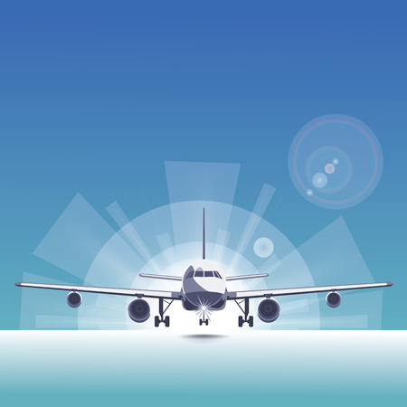 Running airliner  on the runway The shining light radius Bright behindのイラスト素材