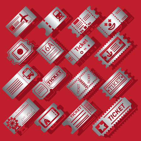 Ticket icon in silver on a red background with shadow.のイラスト素材