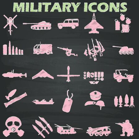 Military icons  drawn with chalk on a blackboard. In the form of vectorのイラスト素材