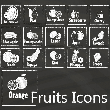 Fruits icons paint by chalk in square frame on blackboardのイラスト素材