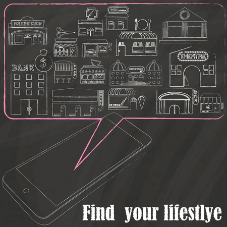 Find shop places on smartphone hand drawing by chalkのイラスト素材