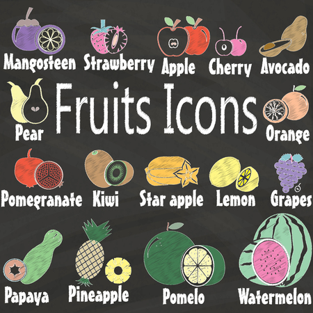 Fruits icons paint by color  chalk on blackboardのイラスト素材