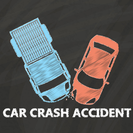 Orange color car collided with a blue pickup truck have side damage on blackboard.のイラスト素材