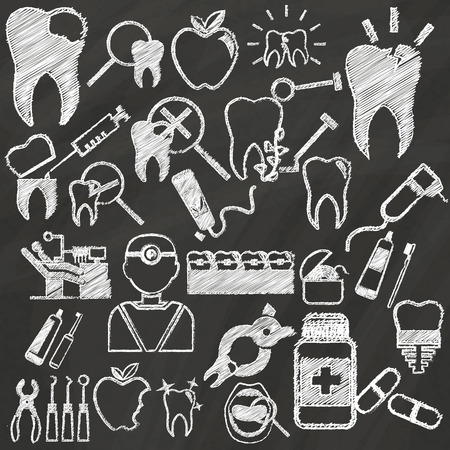 White dental icons hand drawing by chalk on green boardのイラスト素材