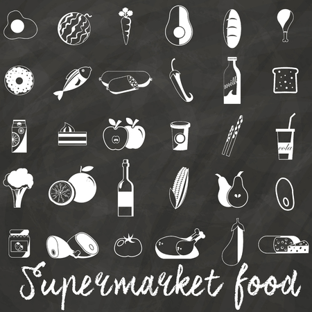 Icons used in supermarket white. Placed on a chalkboard. In vector format.のイラスト素材