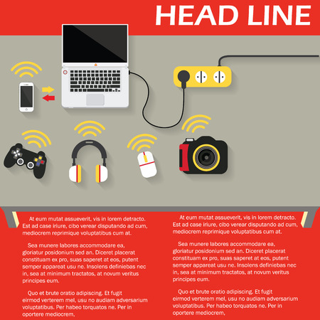 Icon devices on the desk Connected by a signal to the information online. In vector style.のイラスト素材