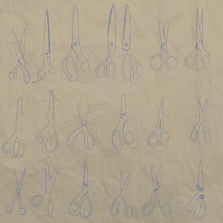 Scissors icon, hand drawn painted with blue ink on an old paper. In vector formatのイラスト素材