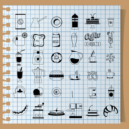 Icon Coffee Equipment Painted with striped black lines on notebook paper. In vector format.のイラスト素材