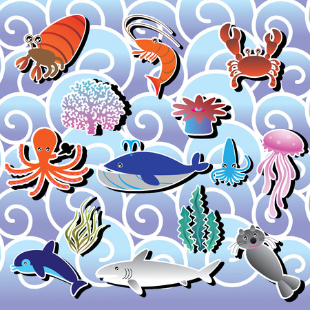 Sticker icons sea animals on the ocean waves background. In vector style..のイラスト素材