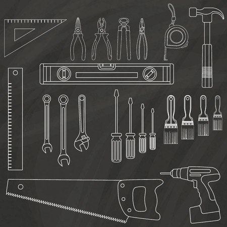White stripes painted on the chalkboard as hand tools. In vector style.のイラスト素材