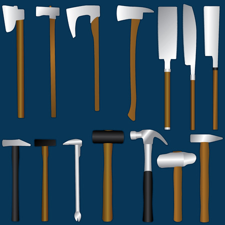 Heavy equipment includes saws, hammers, axes many types put on a dark blue background. In vector and illustration format.のイラスト素材