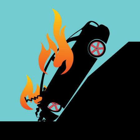 Car crash pole accident and burning car in Silhouette mode on vector styleのイラスト素材