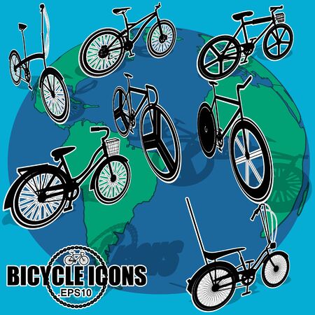 Sticker bicycle icons on world map. In vector style.のイラスト素材