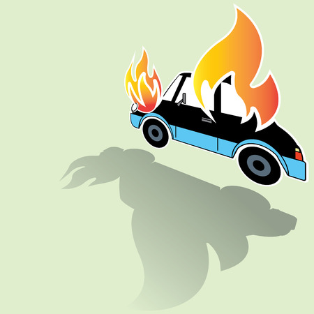 Symbol of burning car crash icons posed on its side and soft green background. A light and shadow. In vector format.のイラスト素材