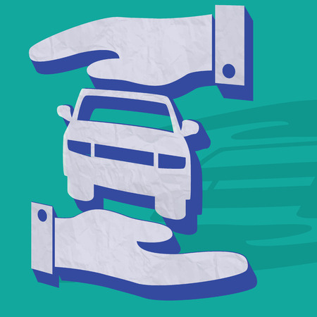 The symbol of car insurance icons is placed on its side and shadow on green Background In the form of vector.のイラスト素材