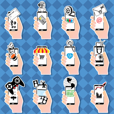 Pop up human hand holding smartphone show application on his life style. In vector formatのイラスト素材