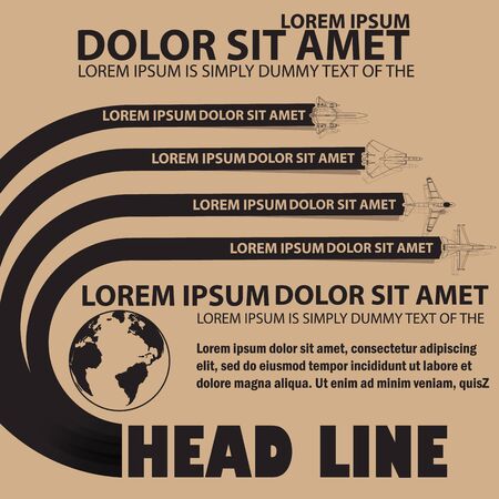 Black icons and stripes of plane transportation flying around the world and blank color stripe for your text or your advice in vector styleのイラスト素材