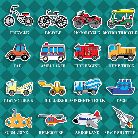 Cute vehicle types in sticker style on square graphic background. In vector format.のイラスト素材