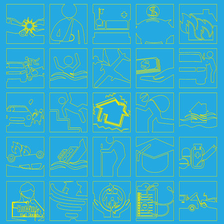 yellow striped Insurance icons drawing in square on blue background. Vector styleのイラスト素材