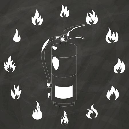 flame icons around Fire safety drawing on chalkboard. In vector style.のイラスト素材