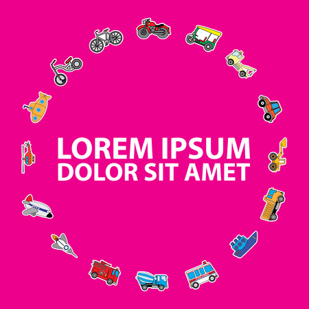 Cute vehicle types in sticker style on Line up circle.のイラスト素材