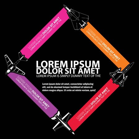 White icons of fighter plane flying and blank color stripe for your text or your advice in vector styleのイラスト素材