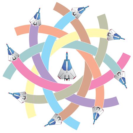 Fighter plane icon flying and blank color curved trajectory stripe for your text or your advice in vector styleのイラスト素材