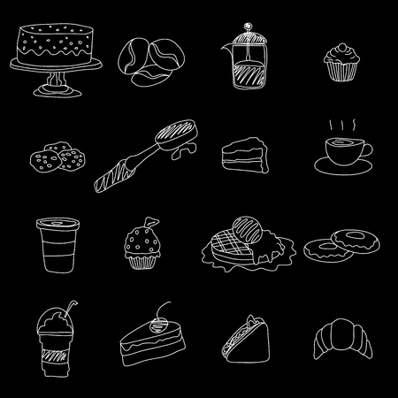 coffee and bakery icons hand drawn with chalk on a chalkboard, white in the form of vector.のイラスト素材