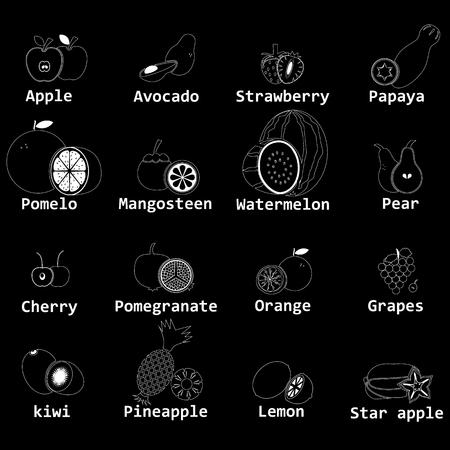 Fruits icons by hand drawn with chalk on a chalkboard, white in the form of vector.のイラスト素材