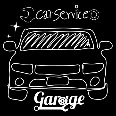 garage service hand drawn with chalk on a chalkboard, white in the form of vector.のイラスト素材