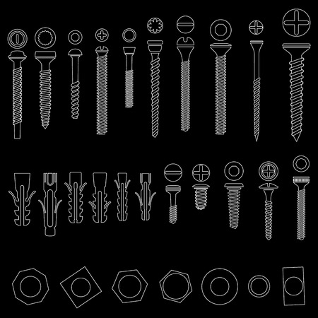 white silhouette of stripe pattern Screws nuts and wall plugs icons collection in vector styleのイラスト素材