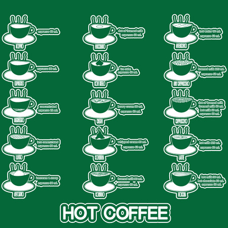 list the composition of the mixture of coffee cute sticker on green background vector style.のイラスト素材