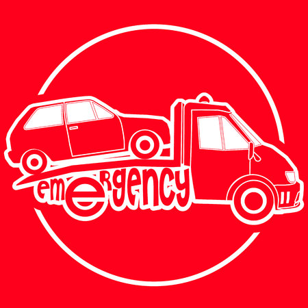 Roadside assistance white stripe tow truck illustration damage car vector on red backgroundのイラスト素材