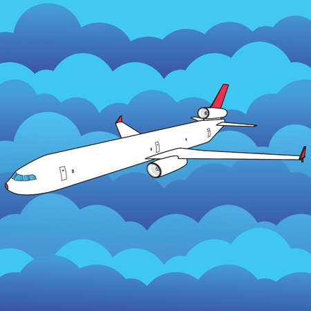 plane flying high above and many cloud vector styleのイラスト素材