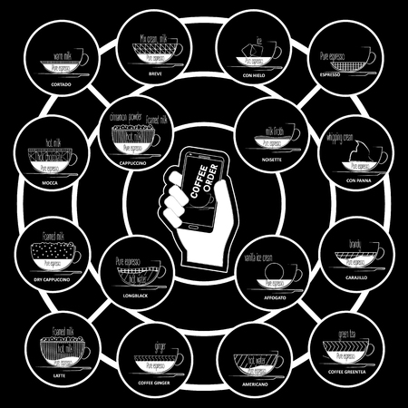 hand hold smartphone, open the app Application in the hot drinks. Vectorのイラスト素材