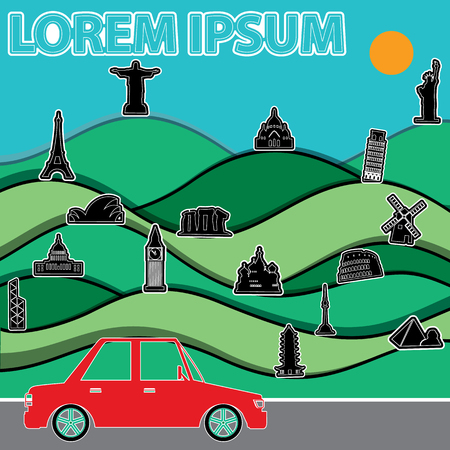 Car trip on the background of a beautiful mountain landscape. Vector illustration of a flat designのイラスト素材