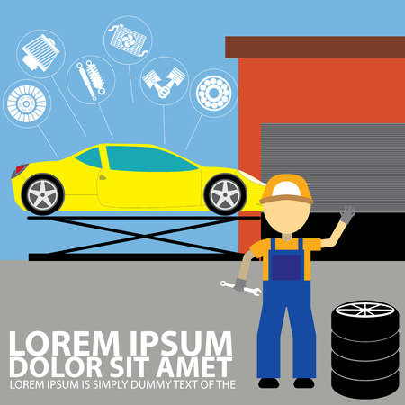 Auto mechanic standing next to a pile of old tires in front and the car on a lift.のイラスト素材