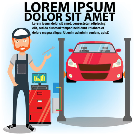 Car repair. Auto mechanic near the car lifted on auto lifts. Vector illustration of a flat designのイラスト素材