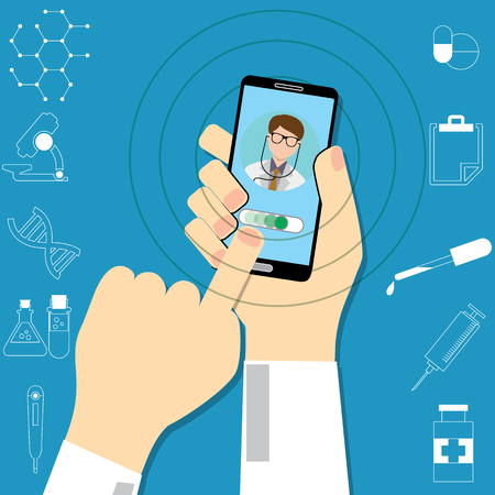 Hand holding smartphone with male doctor on call and an online consultation. Medical icons set. Vector flat illustration.のイラスト素材