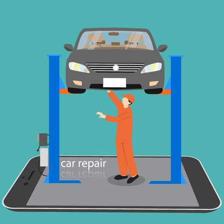 Car Repair Service Automobile Lifted. Flat Design. mechanic works in auto repair service.のイラスト素材