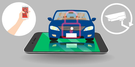 Hand Insert Coin on smartphone application refill Parking Meter and cctv for safety car Vector Illustration on wide backgroundのイラスト素材