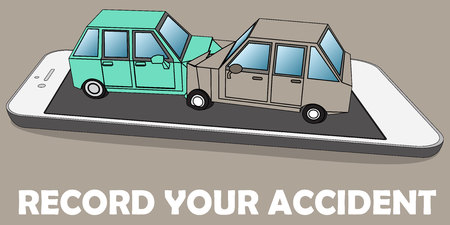 Smartphone App And Crashed Car Flat cartoon Color Vector Illustration Isolated On wide Backgroundのイラスト素材