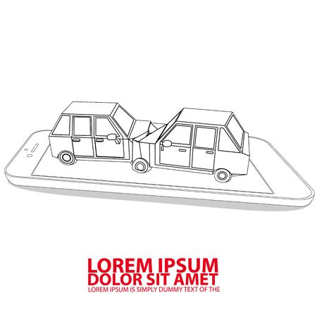 Smart phone App And Crashed Car Flat cartoon Vector Illustration Isolated On white Backgroundのイラスト素材