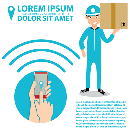 Fast check your Goods Delivery by smart phone apps Flat Vector Illustration. Image of Delivery and Parcelsのイラスト素材