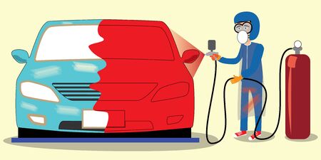 Specialist spray painting auto body at car collision repair shop. Flat style vector illustration wide styleのイラスト素材