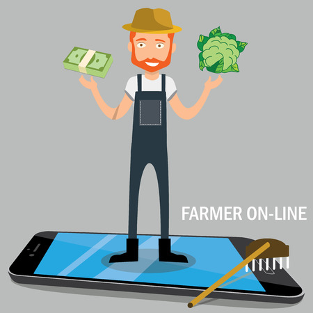 trade and Farmer with fresh vegetables coming out of application on smartphone, vector illustration flat designのイラスト素材