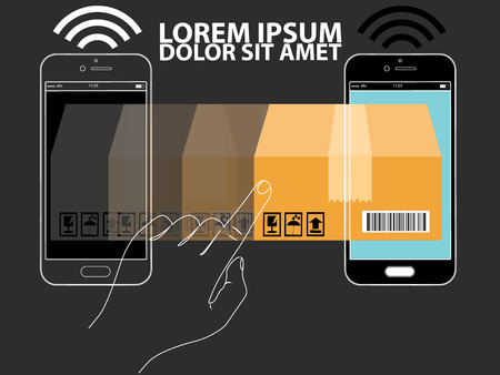 human hand sweeping a crate send parcel to another smart phone. shopping on mobile - e-commerce service conceptのイラスト素材