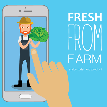 trade with fresh vegetables from farmer hand come out of application on smart phone, vector illustration flat designのイラスト素材